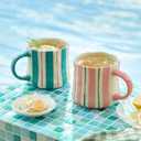 Striped Ceramic Coffee Mugs Set of 2, Pink and Green Stackable Stoneware Mugs for Morning Coffee, Tea & Cocoa, 12oz Dishwasher & Microwave Safe Mug Gift Set for Home & Office