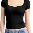 PUMIEY Women's Tops Sweetheart Neck Short Sleeve Going Out Top Cute T Shirts Slim Fitted Sexy Tee Smoke Cloud Pro Collection (Large)