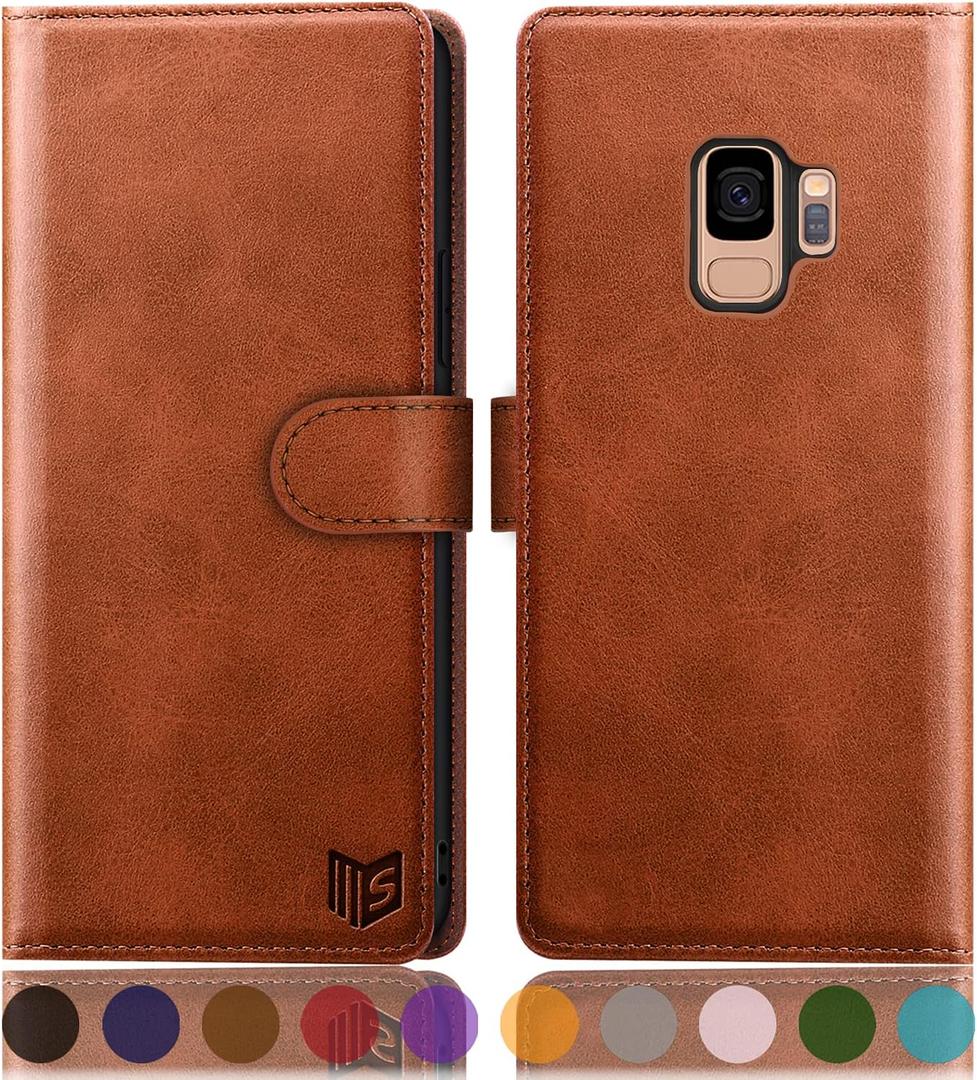 SUANPOT for Galaxy S9 Wallet Case - RFID Blocking Leather, Credit Card Holder, Flip Folio, Shockproof Cover, 5.8" - Light Brown