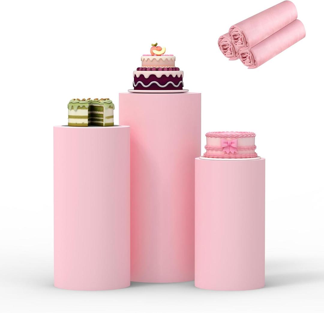 Cylinder Covers Set of 3 Multicolor Pedestal Stand Covers, Cylinder Stand Covers for Party,Round Dessert Tables Covers for Wedding Birthday Party Decor (L+XL+XXL, Pink)