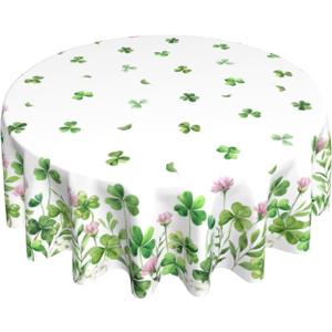 St Patricks Day Tablecloth Round 60 Inch Shamrock Flowers Holiday Table Cloth Water Resistant Fabric Table Covers for Kitchen Dining Small Tablecloth for Party Home Decor