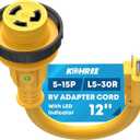 Kohree RV Adapter Plug 30 Amp to 15 Amp 110V, RV Power Electrical Adapter Cord 15A Male to 30A Female 12" with Twist Lock & LED Indicator