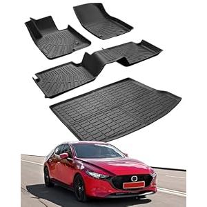Car Cargo Liner & Floor Mats for Mazda 3 Hatchback: 2014 2015 2016 2017 2018 Custom Fit All Weather Waterproof TPE Floor Liners, Front & Rear & Cargo Mat Tray Accessories, 4PCS (No Fit for Sedan)