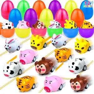 12 Pack Filled Easter Eggs with Toys Inside, Animals Bunny Pull Back Cars Easter Eggs Filled for Kids Boys Girls Easter Egg Hunt Party Favors Easter Basket Stuffers Essential Filler Classroom Prize