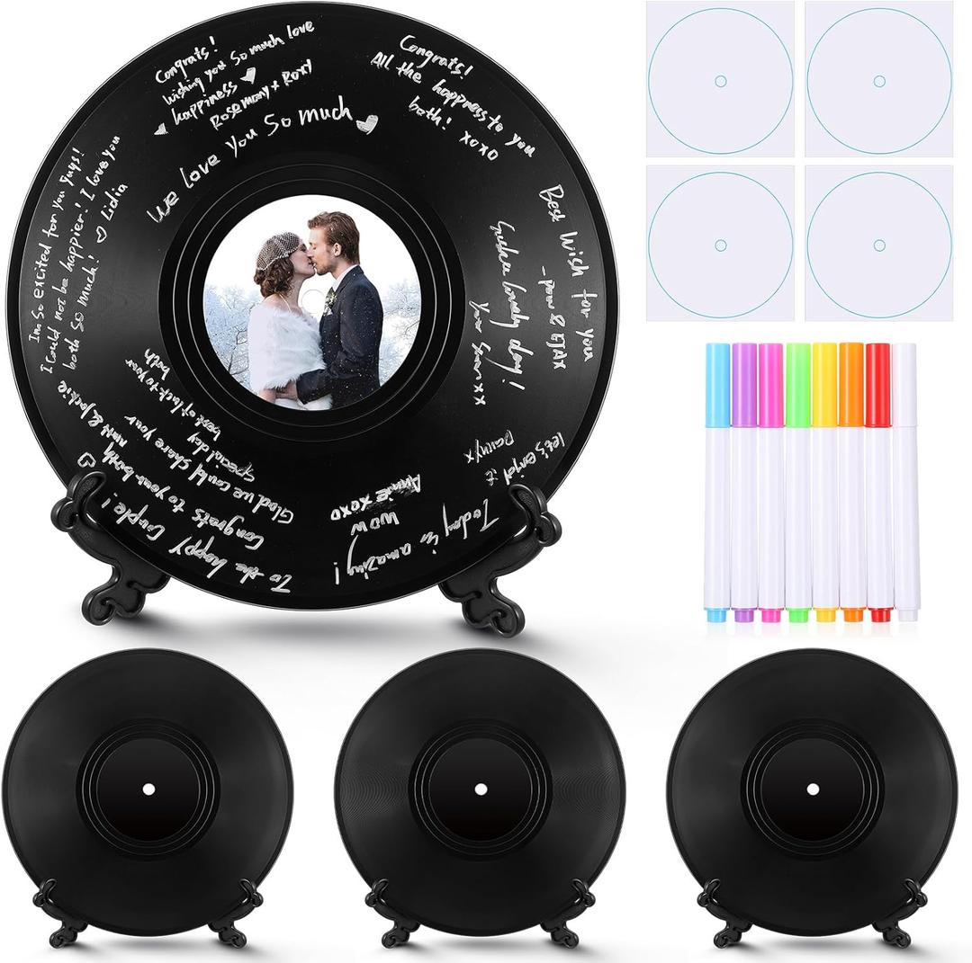 4 Sets Vinyl Wedding Record Guestbooks Alternative 12 Inch DIY Alternative Signature Record Guestbooks with Holders Stickers 8 Color Pens for Wedding Birthday School Halloween Christmas DIY Gifts