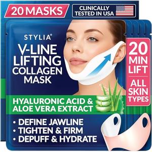 STYLIA V Line Lifting Collagen Face Mask - Lift, Firm & Contour Jawline - Double Chin Strap with Hyaluronic Acid & Aloe Vera - Hydrating Neck & Face Tightening Mask - Chin Strap for Sleeping - 20PC