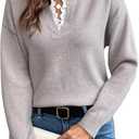 SHENHE Women's Lace Peplum Sweater 2026 Spring V Neck Casual Knit Long Sleeve Tops Elegant Lightweight Pullover Clothes, Size M