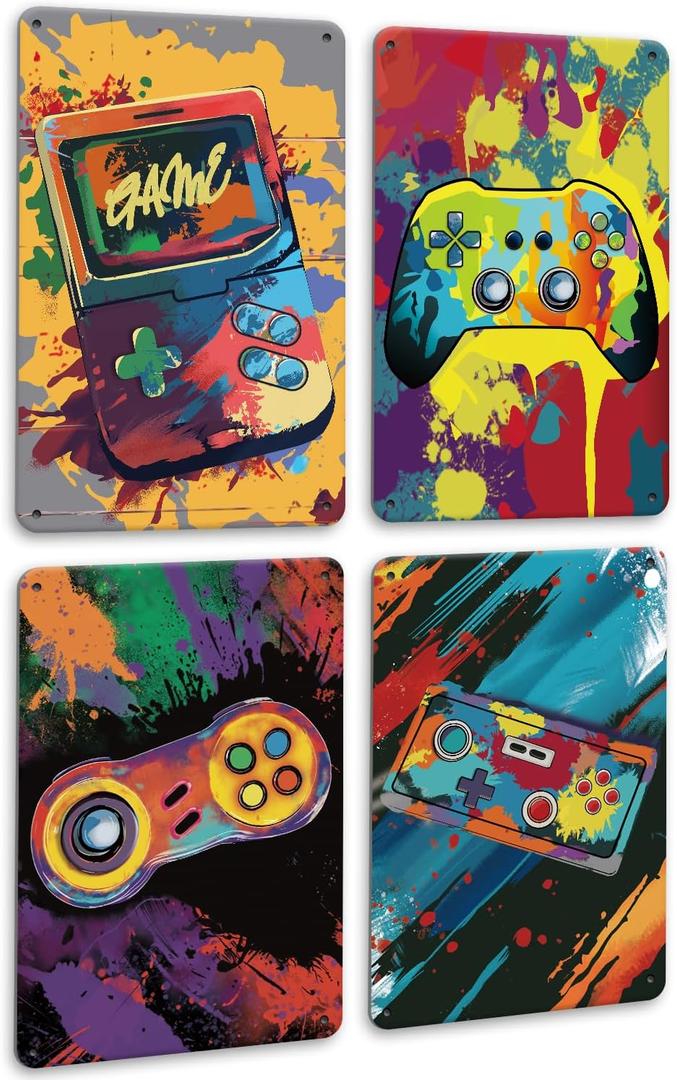 Drsoum Video Gamer Room Decor for Boys Gaming Wall Decor Neon Gaming Room Metal Sign 12 x 8 Inch Set of 4 - Gamer Wall Decor Teenage Boy Room Decor (Graffiti Gamepad)