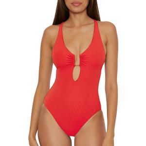 BECCA Womens Modern Edge One Piece Swimsuit, Plunge Neck, Adjustable, Tie Back, Bathing Suits for Women (Medium, Fire)