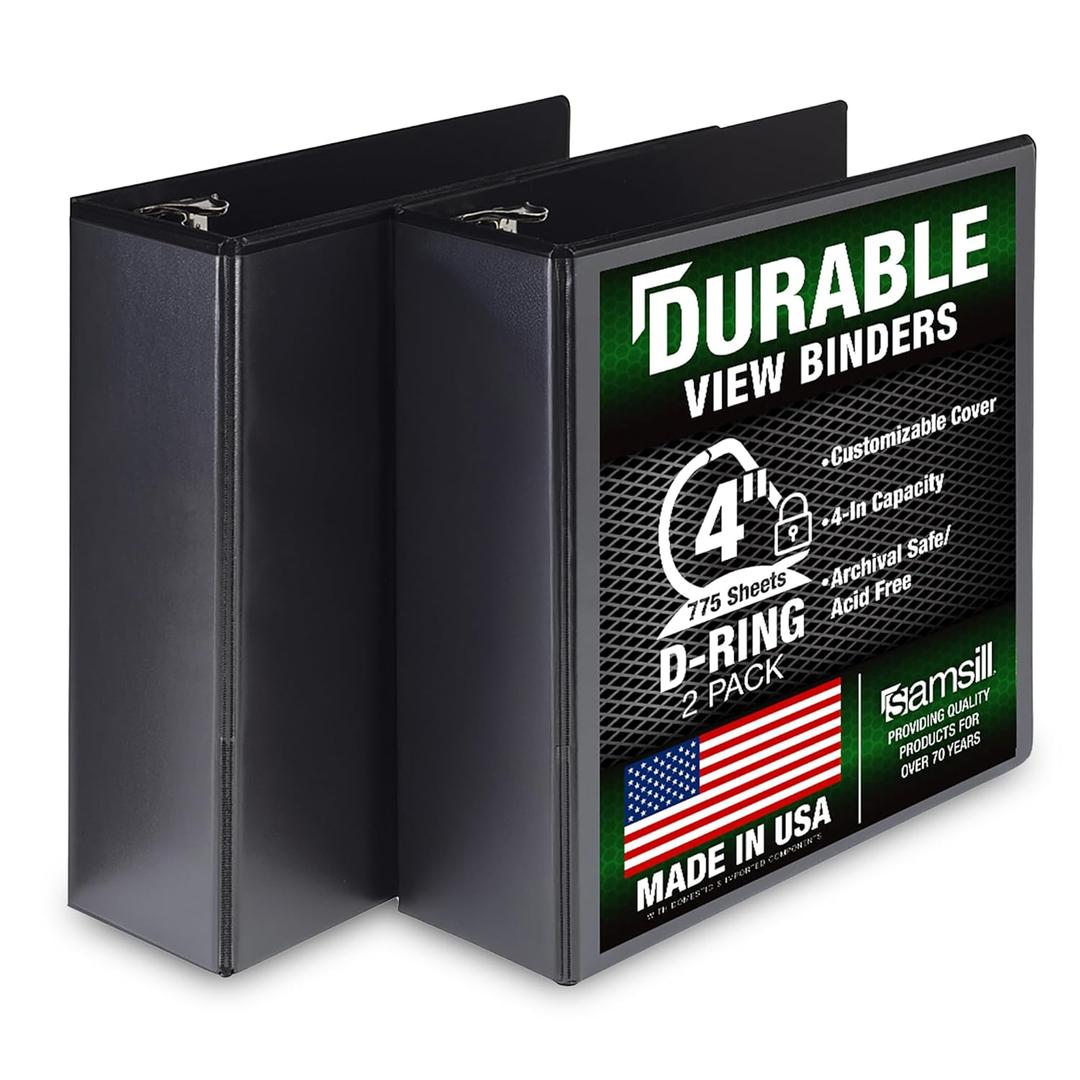 Samsill Durable 4 inch 3 Ring Binder, D Ring Binder, 100% Recycled Chipboard, Black, 2 Pack