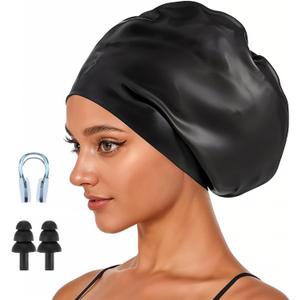 Extra Large Swim Cap for Long Hair & Swim Cap Women Adult - Silicone Swimming Hat for Braids, Dreads, Weaves & Extensions with Ear Plugs & Nose Clip (8.66in Opening, Black)