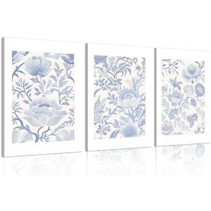 Blue And White Vintage Floral Chinoiserie Canvas wall art Light Blue Aesthetic Painting Picture Wall Decor Simple Peonies Poster Print Artwork for Bedroom Living Room Bathroom Home Decoration, 3 Packs