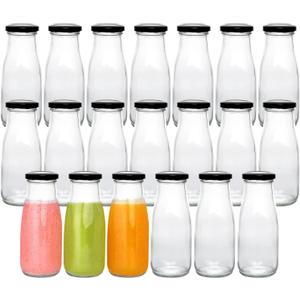 QAPPDA 12 oz Glass Bottles, Clear Glass Milk Bottles with Black Metal Airtight Lids, Vintage Breakfast Shake Container, Vintage Drinking Bottle with Whiteboard Labels and Pen for Party, Kids, Set of 20
