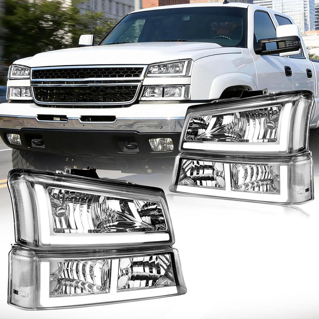 LED DRL Headlight Compatible with 2003 2004 2005 2006 Chevy Silverado/ 2003-2006 Avalanche 1500 2500, without Factory Cladding Models Headlights Assembly Kit Chrome Housing Clear Reflector