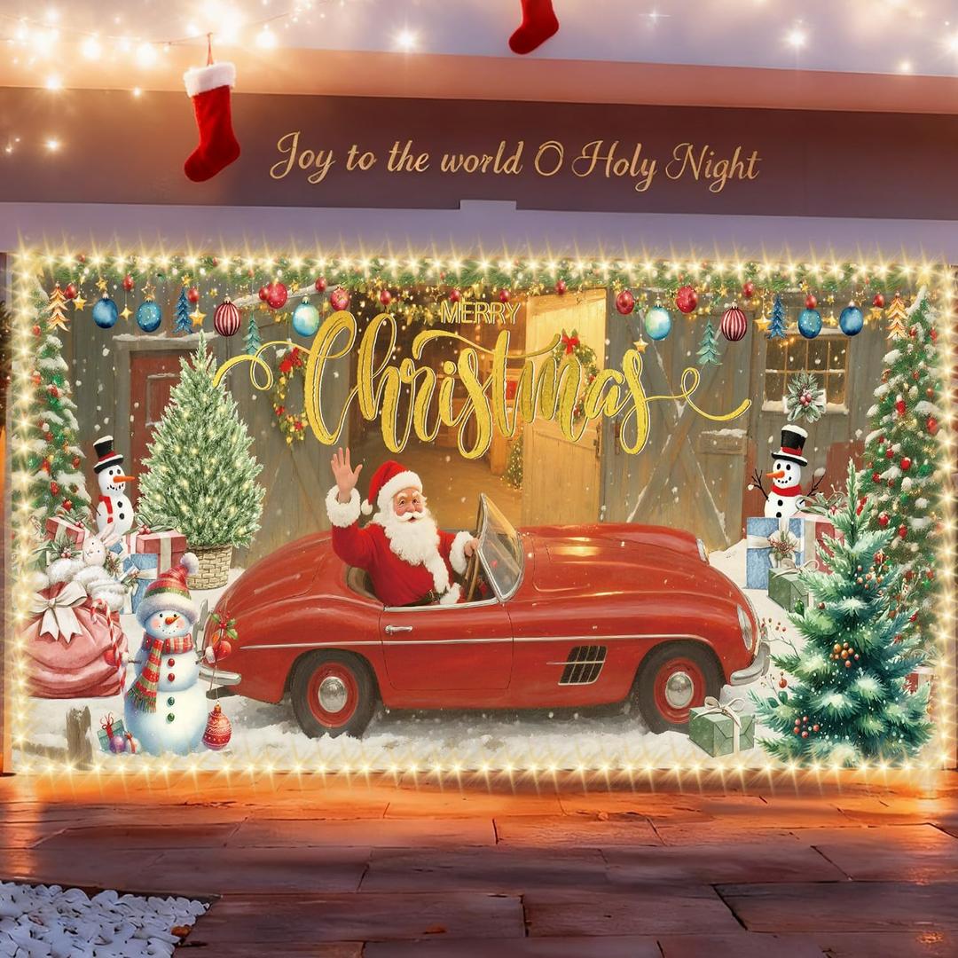 Inisajace Christmas Garage Door Cover with Led Light, Merry Christmas Door Decorations, Santa Large Front Door Banner Sign, Merry Xmas Holiday Backdrop Background Supplies Decor 7x16 Ft