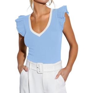 AGSEEM Women Summer Ruffle Tops Sexy Deep V Neck Short Sleeve Shirts Trendy Casual Ribbed Slim Fitted Knit Tees Blouse (Blue, M)