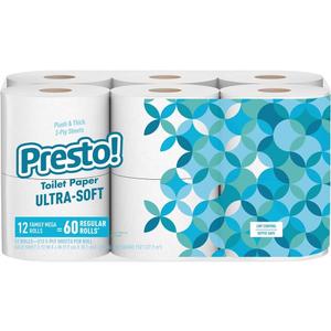 Amazon Brand - Presto! 2-Ply Ultra-Soft Toilet Paper, 12 Family Mega Rolls = 60 Regular Rolls, Unscented, 313 Sheets Per Roll