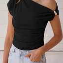 PRETTYGARDEN Womens Summer Off The Shoulder Crop Tops Ribbed Going Out Fitting T Shirts Trendy Spring Y2k Clothes 2026 (Black, L)