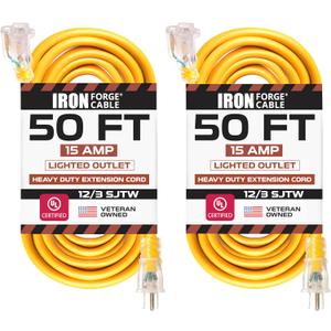 IRON FORGE CABLE 2 Pack of 50 Ft Outdoor Extension Cords - 12/3 SJTW Heavy Duty Yellow 3 Prong Extension Cable, 15 AMP - Great for Garden and Major Appliances