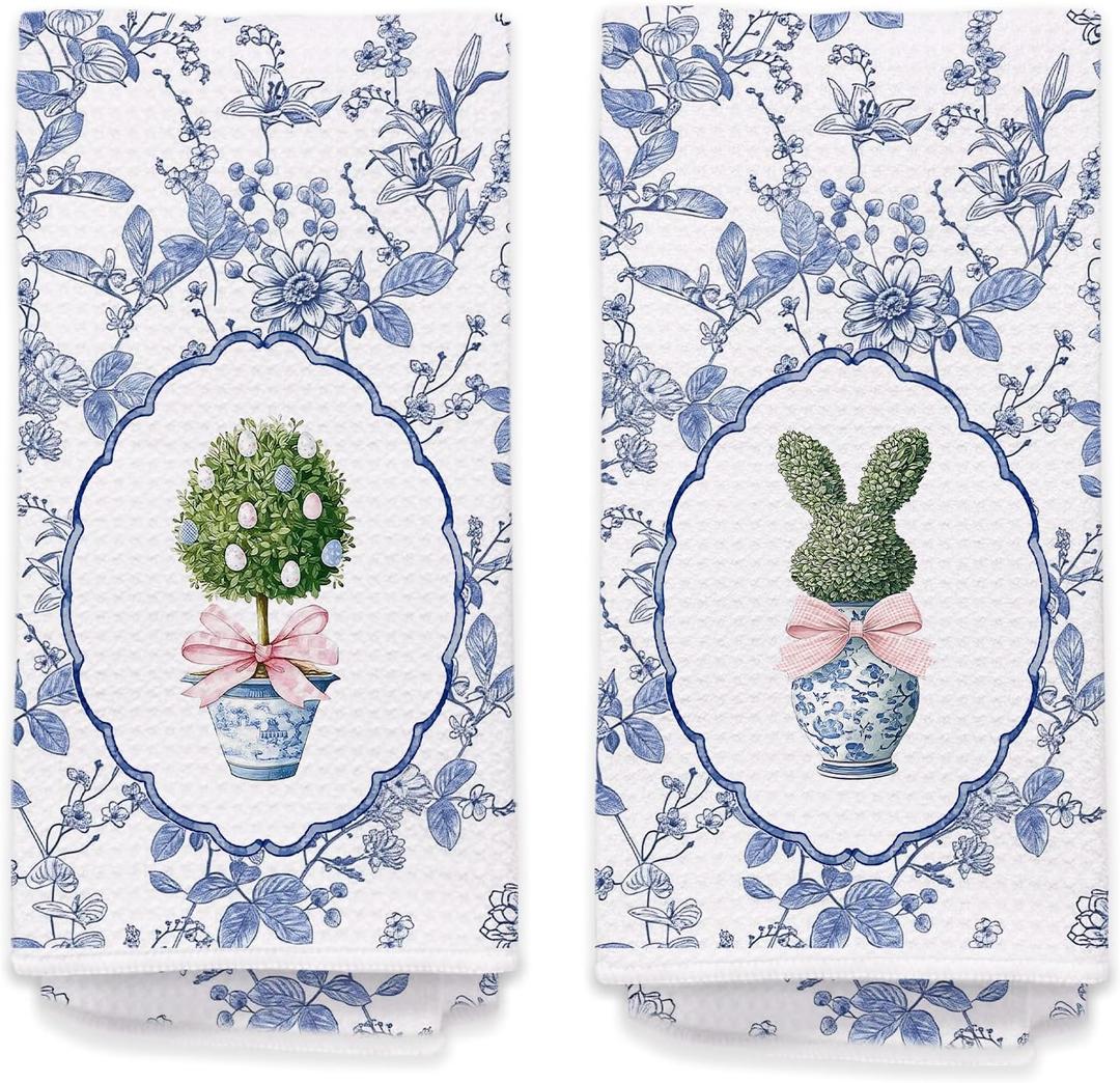 Blue and White Chinoiserie Easter Egg Bunny Kitchen Towels Set of 2 - Spring Cute Easter Rabbit Hand Towels for Bathroom Kitchen, Grandmillennial Decorative Dish Tea Towel Dishcloth617 (Hcolor005)