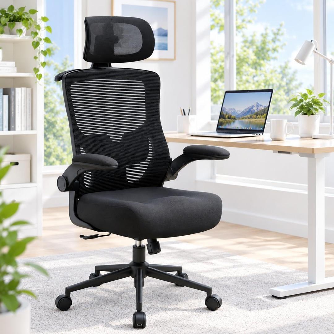 Office Desk Chair for Long Hours & Back Pain Relief – 4“ Thick Molded Foam Cushion, Enhanced Lumbar Support, Padded Flip-up Armrests, Ideal for Office or Study (Black-HR), Standard