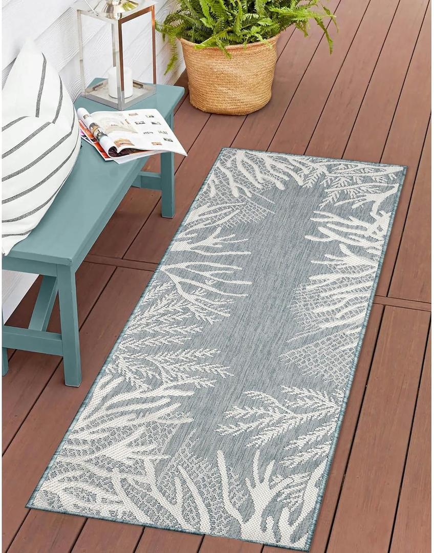 Liora Manne Carmel Indoor/Outdoor Power Loomed Synthetic Blend Low Profile Area Rug - Transitional Coastal Ocean Decorative (Reef Border Aqua) (1'11" x 4'11") (1'11" x 4'11" (Runner))