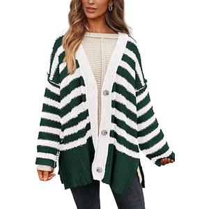 PRETTYGARDEN Women's Winter Striped Cardigan Sweaters Long Sleeve Button Down Open Front Chunky Knit Oversized Sweater Coat (S, Striped Beige Black)