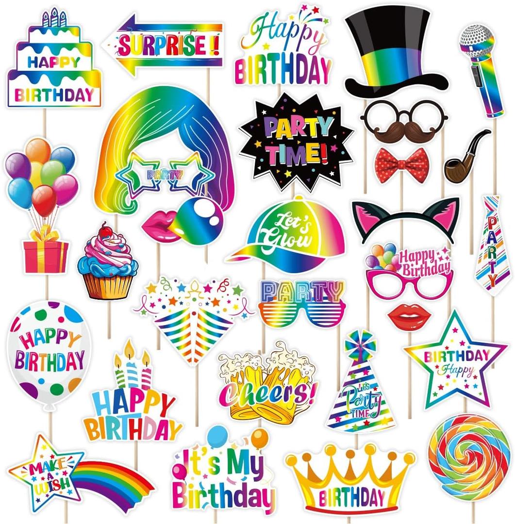 30 Pieces Birthday Photo Booth Props Kit - Happy Birthday Party Favors Supplies Bay Party Decoration Set with Real Glitter Cute Bay Designs for Women or Girls
