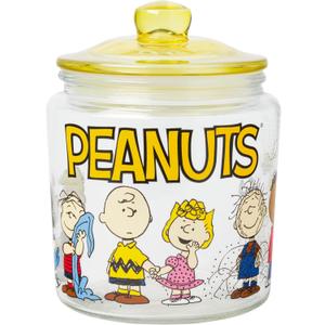 Silver Buffalo Peanuts Squad Featuring Charlie Brown, Snoopy, Schroeder, Lucy, Linus, Sally, Pigpen, Woodstock, and Franklin Glass Cookie Snack Candy Jar with Lid (Small)
