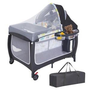 ANNA QUEEN 4 in 1 Pack and Play,Portable Baby Crib Deluxe Nursery Center, Foldable Travel Playard,Adjustable Canopy,Music Box,Changing Table for Newborn, Infant,Toddler