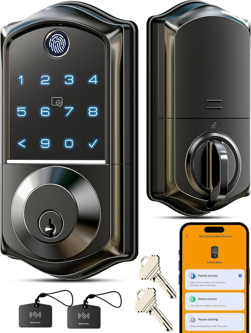Veise VE017 Fingerprint Smart Door Lock, App Control, 7-in-1 Keyless Entry, Auto Lock, Emergency Power Port, Electronic Touchscreen Keypad, Biometric Smart Locks for Front Door, Matte Black