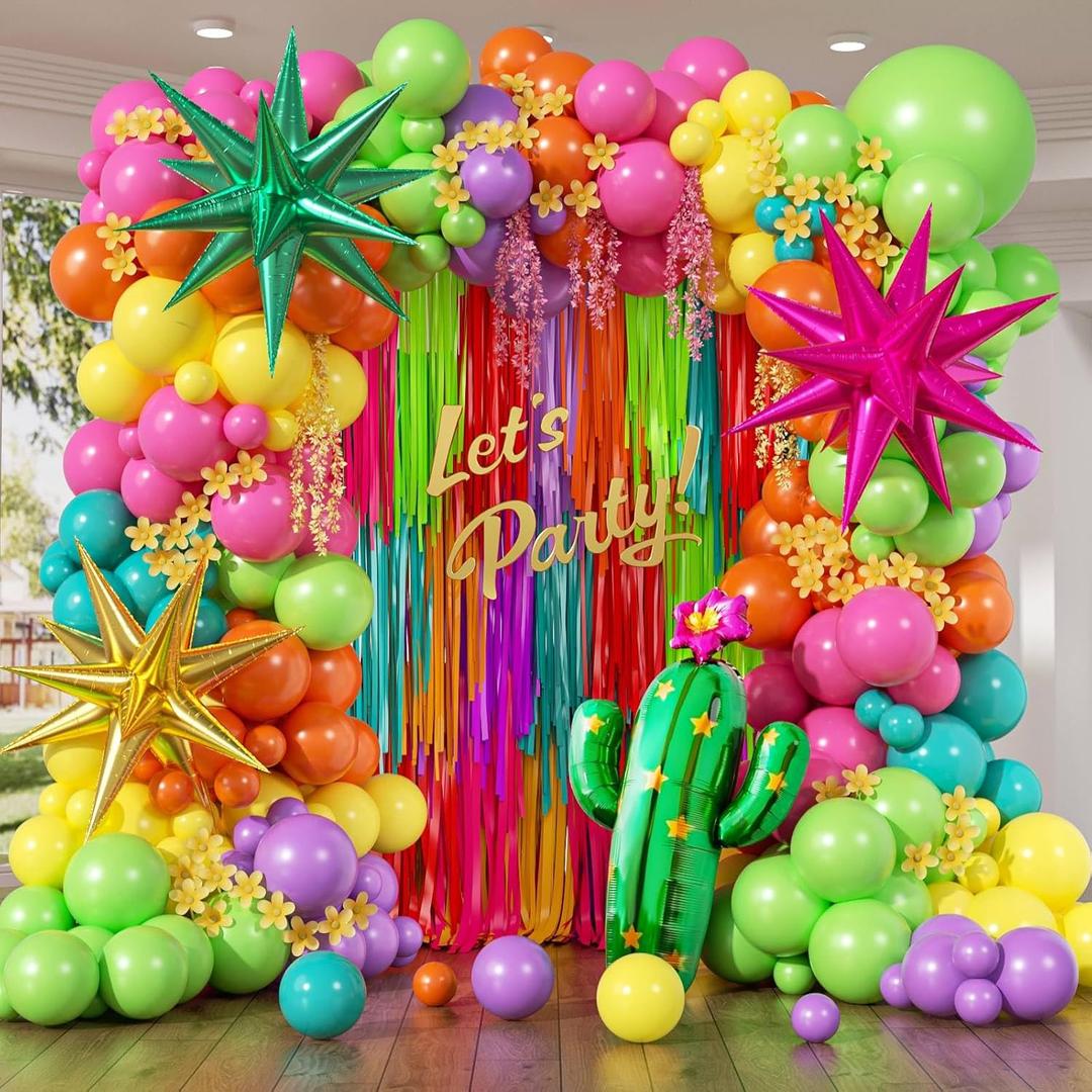 158pcs Mexican Fiesta Balloon Garland Arch Kit with Yellow Hot Pink Lime Green Orange Purple Teal Foil Balloons for Mexican Fiesta Birthday Party Decorations
