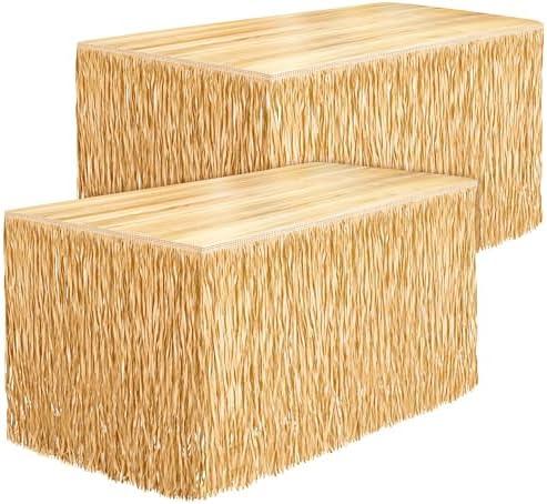 Fovths 2 Packs Luau Grass Table Skirt Fringe Dark Straw Grass Skirt 108 x 30 Inch Hibiscus Hawaiian Table Skirts Rectangle Tropical Luau Party Decorations for Hawaiian Decorations