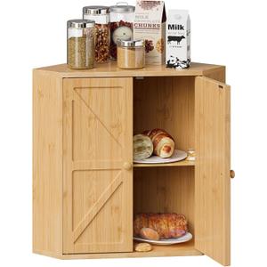 Corner Bread Box for Kitchen Counter Double Layer Bamboo Bread Storage Container Large Capacity Bread Storage Bin Farmhouse Breadbox Organizer (Bamboo Natural)