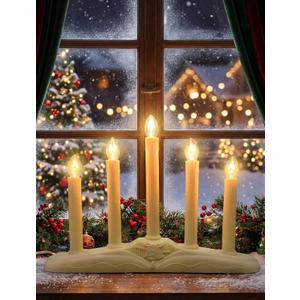 Pallerina Window Candles for Christmas, Battery Operated or Electric LED Flameless Taper Candlesticks with Timer and Sensor for Holiday Home Window Decoration, Ivory Base, 5-Light Set