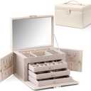 Vlando Jewelry Box for Mothers Day Teacher Appreciation Gifts, 4-Tier Jewelry Organizer with Lock, Mirror Jewelry Box for Earring, Ring, Necklace and Bracelets, Jewelry Storage for Women Girls - Beige