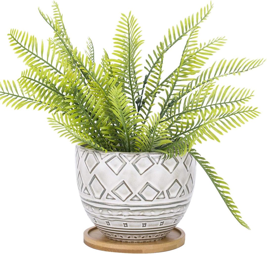 VanEnjoy 5.5 inch Large Round Bohemian Style Ceramic Planter, Geometry Engrave Off White Brown Succulent Planter Flower Pot - Indoor Outdoor Decorative Planter (#01)