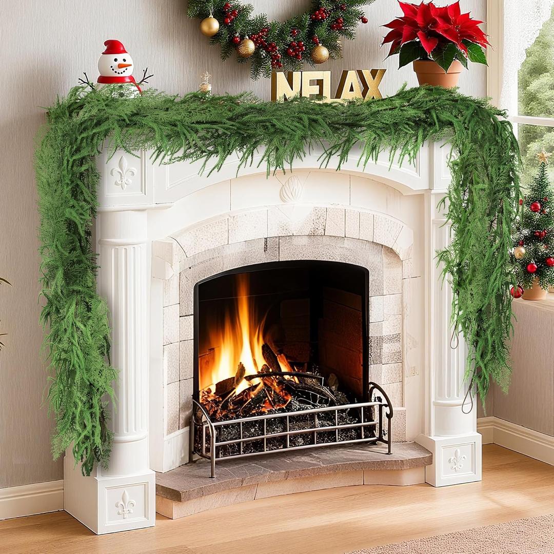 2 Pack Christmas Garland 12FT with Cedar & Norfolk Pine Branches, Artificial Real Touch Garlands for Decoration Xmas Indoor Outdoor, Realistic Christmas Garland for Mantle, Stairs Railing