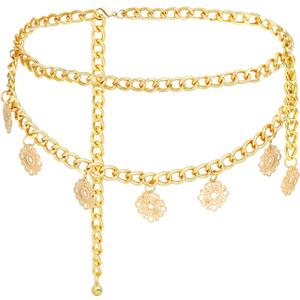 MultiLayer Metal Waist Chain Belt Belly Chain Punk Chain for Women and Girls (S: 41.3 in/105 cm, Gold Flower)