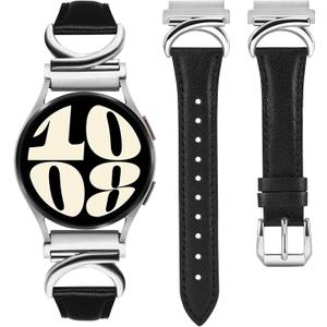 Minyee Leather Band Compatible with Samsung Galaxy Watch 7/6/5/4/FE/Active 2 40mm 44mm/Watch 6 Classic 43mm 47mm/Watch 5 Pro 45mm Bands, 20mm Slim Dressy Leather Strap with C-Shape Metal Buckle Women (Black/Silver)
