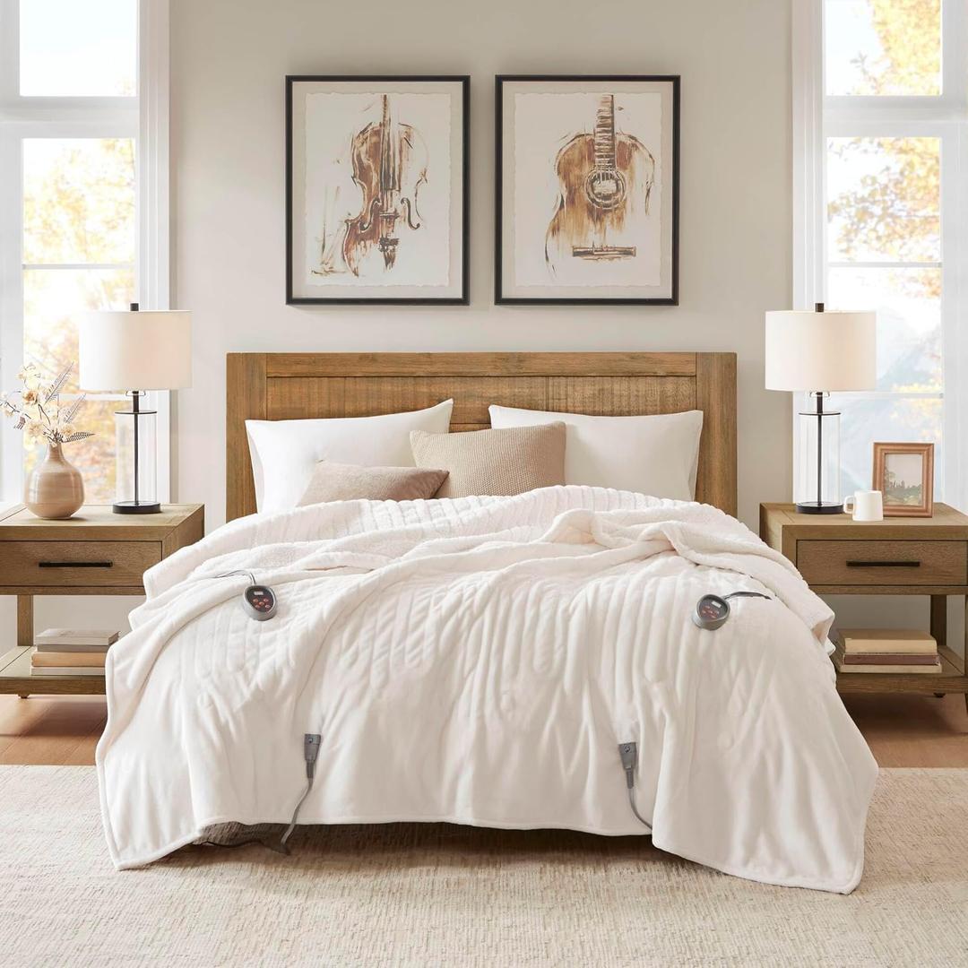 Woolrich Heated Plush to Berber Electric Blanket Throw Ultra Soft Knitted, Super Warm and Snuggly Cozy with Auto Shut Off and Multi Heat Level Setting Controllers, King: 100x90, Ivory