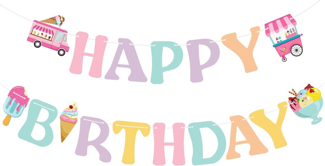 Hooqict Ice Cream Happy Birthday Banner Sign Sweet Birthday Party Decorations Ice Cream Party Banner for Girls Women Kids 1st 2nd 3rd Garland Banner Summer Party Supplies