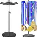 Medal Holder Display Trophy Shelf Organizer, Sturdy Wooden Race Award Hanger Rack with 25 Steel Hooks, Wall Mount Storage Stand for Sports Fans, Cheer Success (Black)