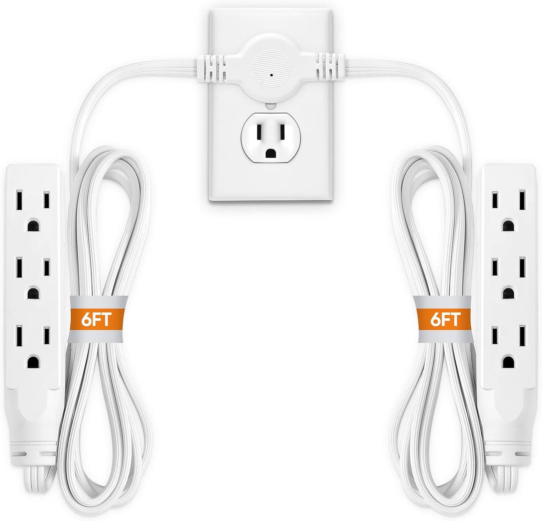 Twin Extension Cord Power Strip - 12FT Dual Extension with Flat Wall Plug, Split Extension Cord with Multiple Outlets,Double Head Outlet for Behind Bed, Couch,Indoor Flush Design(White)