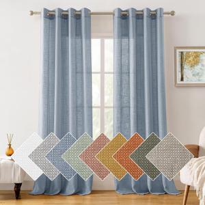 HOMEIDEAS Stone Blue Linen Sheer Curtains, 96 Inches Long 2 Panels Textured Semi Sheer Curtains Farmhouse Privacy Window Drapes for Bedroom Living Room