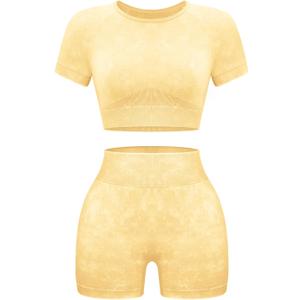 OLCHEE Womens Workout Sets 2 Piece - Seamless Acid Wash Yoga Outfits Shorts and Crop Top Matching Gym Athletic Clothing Set (Small)