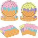 Lousuip 96PCS Ice Cream Plates and Napkins Party Supplies Ice Cream Disposable Paper Plates Napkins Tableware Set for Birthday Baby Shower Sweet Summer Ice Party, Serve 48 Guests