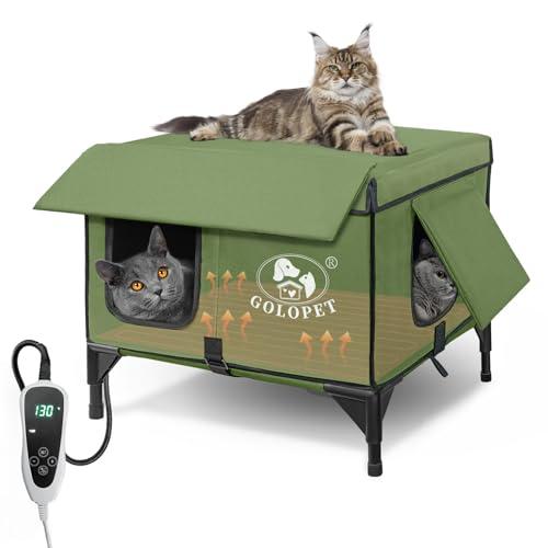 Amazon.com : GOLOPET Large Heated Cat House for Outside 21x17x17 in, 100% Waterproof Elevated Base, Insulated Outdoor Cat Shelter with Heater for Feral Barn Cat, Safe Two-Way Escape Door : Pet Supplies