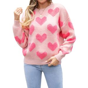 Heart Sweater for Women Valentines Cute Print Crewneck Long Sleeve Oversized Love Sweaters Knit Pullover Tops (X-Large, Dark Pink)