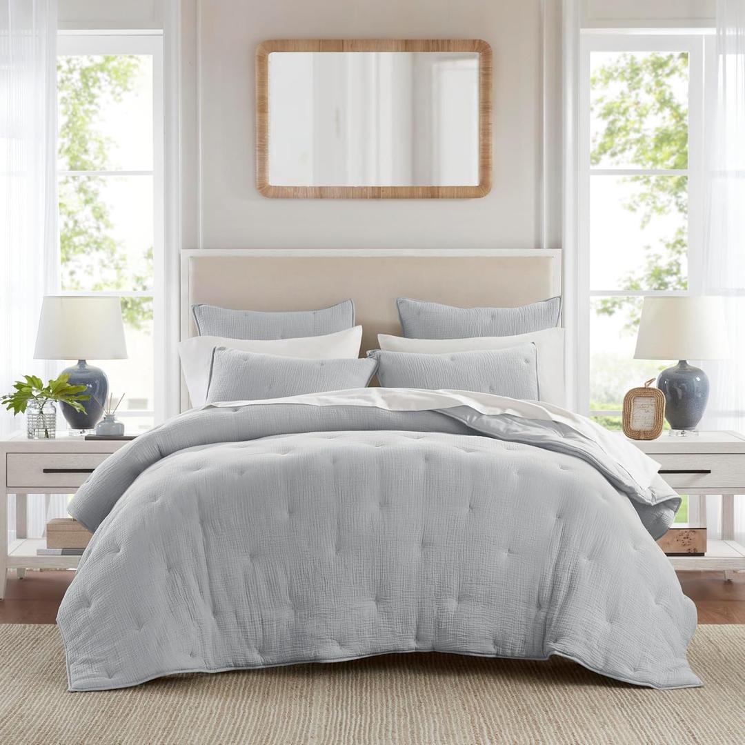 Harbor House Cotton Muslin Quilt Set Blue King, Crinkled Texture with Embroidered Tacking, Lightweight All Season Comfort, 250GSM Fill, Oeko-TEX Certified, Includes Matching Shams